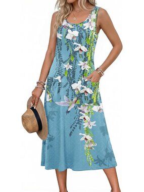Women's Blue Floral Crewneck Midi Summer Sleeveless Dress Beach Casual Sundress